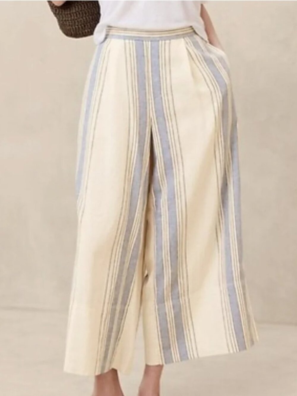Banana Republic Linen Blend Wide Leg Crop Pants M Blue Stripe High Rise
